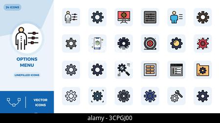 Comprehensive toolkit of 24 vector icons themed around Options Menu, developed in LineFilled with 128x128 PIXEL perfect precision for versatile design Stock Vector