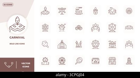 A clean collection of 24 Bold Line vector icons representing Carnival, designed in 128x128 PIXEL perfect format for modern dashboards and interfaces. Stock Vector