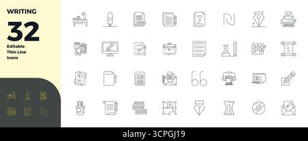 Enhance your projects with 32 Thin Line vector icons themed around Writing, featuring 128x128 PIXEL perfect resolution ideal for clean and professiona Stock Vector