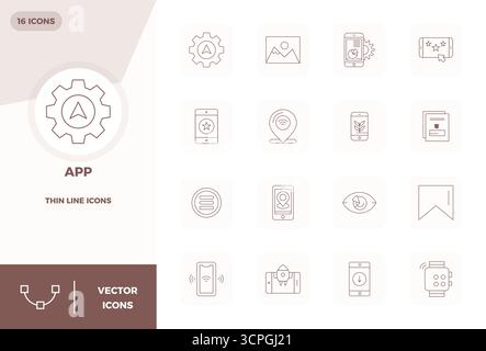 Perfectly balanced 16 Thin Line PIXEL perfect vector icons for App, sized at 128x128 for harmonious integration in digital design projects. Stock Vector