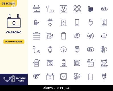 Vector pack with 36 Heavy Line PIXEL perfect icons inspired by Charging, delivered in 128x128 resolution ideal for scalable and creative design work. Stock Vector