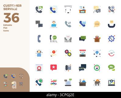 A versatile set of 36 Flat PIXEL perfect vector icons focused on Customer Service, delivered in crisp 128x128 format ideal for mobile and web applicat Stock Vector