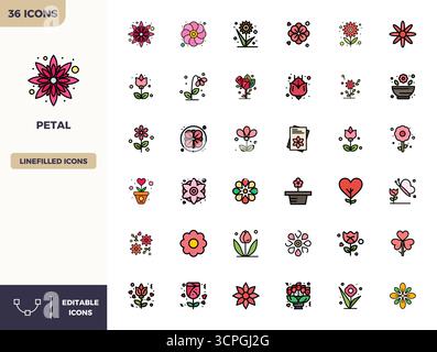 A clean collection of 36 Flat Lineal Color vector icons representing Petal, designed in 128x128 PIXEL perfect format for modern dashboards and interfa Stock Vector