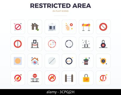 Vector pack with 24 Minimal Flat PIXEL perfect icons inspired by Restricted Area, delivered in 128x128 resolution ideal for scalable and creative desi Stock Vector
