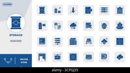 State-of-the-art bundle featuring 24 PIXEL perfect vector icons inspired by Storage, created in Filled format at 128x128 for next-generation interface Stock Vector