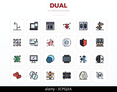Discover a set of 24 LineFill vector icons crafted for the Dual theme, featuring 128x128 PIXEL perfect designs ideal for modern UI/UX projects. Stock Vector