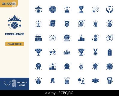 Strategic bundle featuring 36 vector icons representing Excellence in Filled format, optimized with 128x128 PIXEL perfect quality for professional wor Stock Vector