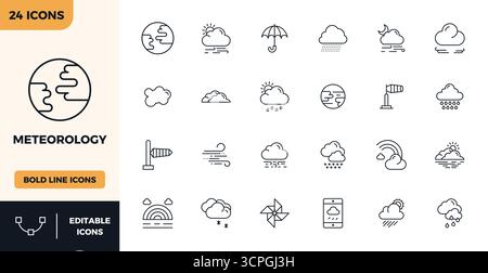 Handcrafted collection featuring 24 Heavy Line vector icons for Meteorology, optimized in 128x128 PIXEL perfect resolution for premium digital experie Stock Vector
