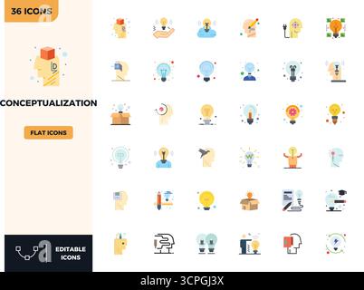 Strategic bundle featuring 36 vector icons representing Conceptualization in Flat Color format, optimized with 128x128 PIXEL perfect quality for profe Stock Vector