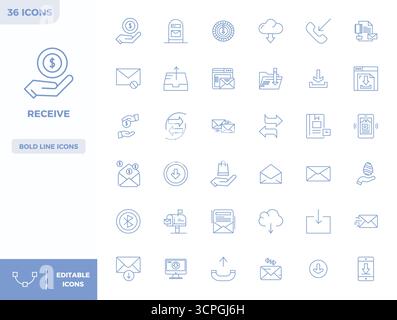Innovative pack of 36 vector icons themed around Receive, showcasing Heavy Line design in 128x128 PIXEL perfect format for modern digital solutions. Stock Vector