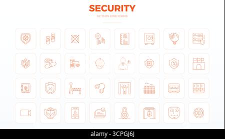 This collection features 32 Thin Outline PIXEL perfect vector icons tailored to the Security theme, optimized in 128x128 format for digital design. Stock Vector