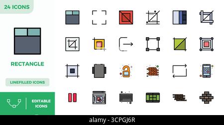 Set of 24 Flat Lineal Color PIXEL perfect vector icons themed around Rectangle, crafted in 128x128 resolution for seamless integration in apps and web Stock Vector