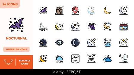 Set of 24 Flat Lineal Color PIXEL perfect vector icons themed around Nocturnal, crafted in 128x128 resolution for seamless integration in apps and web Stock Vector