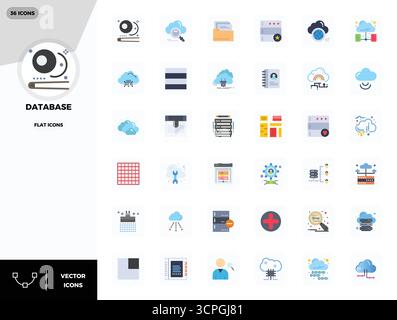 Perfectly balanced 36 Flat PIXEL perfect vector icons for Database, sized at 128x128 for harmonious integration in digital design projects. Stock Vector