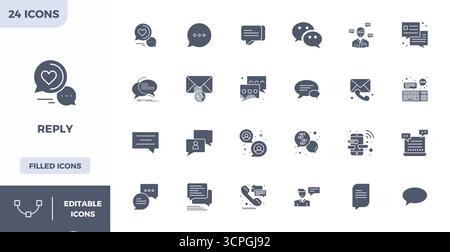 Vector pack with 24 Filled PIXEL perfect icons inspired by Reply, delivered in 128x128 resolution ideal for scalable and creative design work. Stock Vector