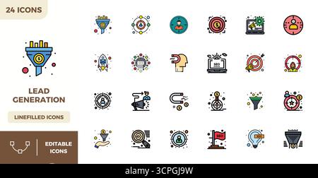 Meticulously crafted 24 Flat Lineal Color vector icons for Lead Generation, delivered in 128x128 PIXEL perfect quality for uncompromising design stand Stock Vector