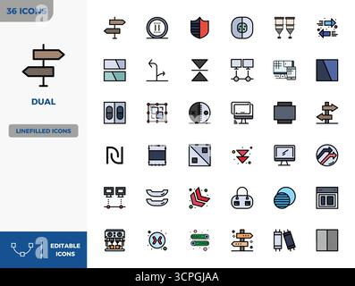 Perfectly balanced 36 Flat Lineal Color PIXEL perfect vector icons for Dual, sized at 128x128 for harmonious integration in digital design projects. Stock Vector