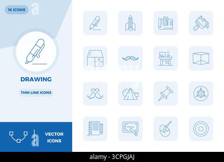 Transform your designs with 16 Thin Line vector icons themed around Drawing, engineered in 128x128 PIXEL perfect resolution for maximum clarity. Stock Vector