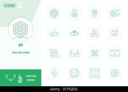 Comprehensive toolkit of 16 vector icons themed around 3D, developed in Thin Line with 128x128 PIXEL perfect precision for versatile design applicatio Stock Vector