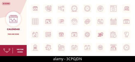 Future-ready pack of 32 vector icons themed around Calendar, showcasing Thin Line design with 128x128 PIXEL perfect clarity for innovative user interf Stock Vector