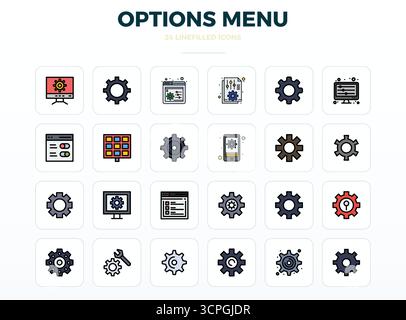 Premium collection of 24 LineFill vector icons for Options Menu, meticulously crafted in 128x128 PIXEL perfect resolution for superior visual impact. Stock Vector