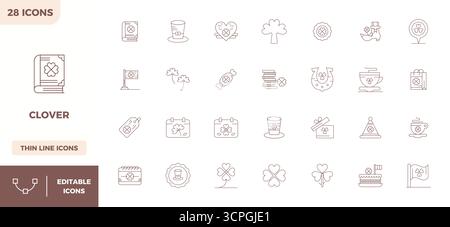 Sophisticated bundle of 28 Minimal Line vector icons for Clover, engineered with 128x128 PIXEL perfect clarity for professional applications. Stock Vector