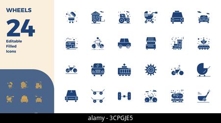 Masterfully created 24 vector icons representing Wheels in Glyph Filled design, featuring 128x128 PIXEL perfect resolution for exceptional visual qual Stock Vector