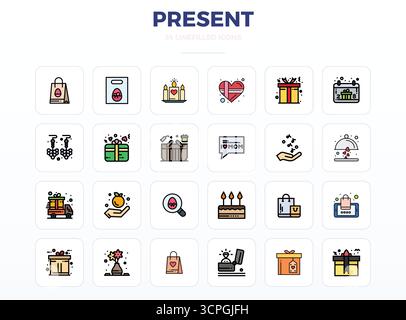 Distinctive pack of 24 PIXEL perfect vector icons inspired by Present, crafted in LineFill format at 128x128 for memorable brand experiences. Stock Vector