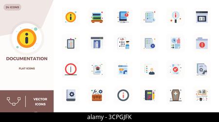 Streamlined set of 24 vector icons for Documentation in Flat aesthetic, featuring 128x128 PIXEL perfect resolution for seamless user experiences. Stock Vector
