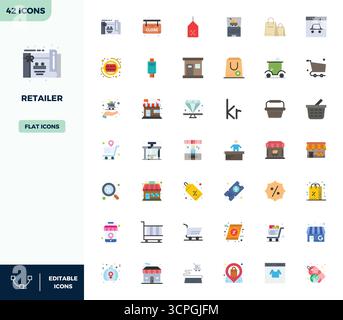 Precision-engineered 42 Flat Color vector icons for Retailer, designed at 128x128 PIXEL perfect resolution for exceptional clarity and scalability. Stock Vector