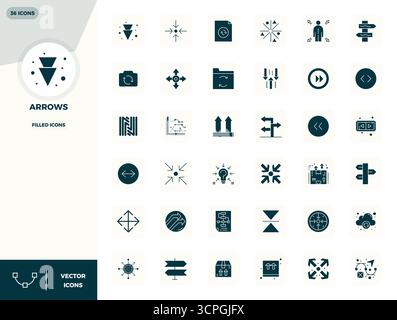Comprehensive bundle featuring 36 vector icons in Filled design for Arrows, delivered in crisp 128x128 PIXEL perfect quality. Stock Vector