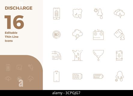 Strategic bundle featuring 16 vector icons representing Discharge in Thin Line format, optimized with 128x128 PIXEL perfect quality for professional w Stock Vector