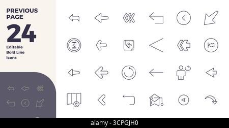 Essential pack of 24 PIXEL perfect vector icons for Previous Page in Bold Line format, sized at 128x128 for optimal performance and scalability. Stock Vector