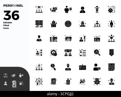 Strategic bundle featuring 36 vector icons representing Personnel in Glyph Filled format, optimized with 128x128 PIXEL perfect quality for professiona Stock Vector