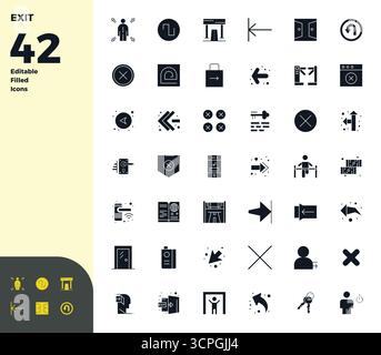 Comprehensive bundle featuring 42 vector icons in Glyph Filled design for Exit, delivered in crisp 128x128 PIXEL perfect quality. Stock Vector