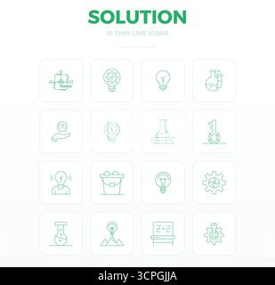 Masterfully created 16 vector icons representing Solution in Thin Outline design, featuring 128x128 PIXEL perfect resolution for exceptional visual qu Stock Vector