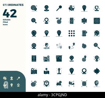 Strategic bundle featuring 42 vector icons representing Coordinates in Glyph Filled format, optimized with 128x128 PIXEL perfect quality for professio Stock Vector