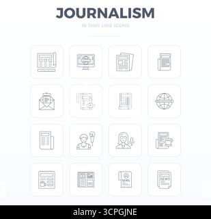 This collection features 16 Thin Outline PIXEL perfect vector icons tailored to the Journalism theme, optimized in 128x128 format for digital design. Stock Vector