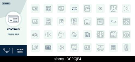 Exceptional collection of 32 Thin Line vector icons for Controls, delivered in 128x128 PIXEL perfect resolution for unparalleled visual excellence and Stock Vector