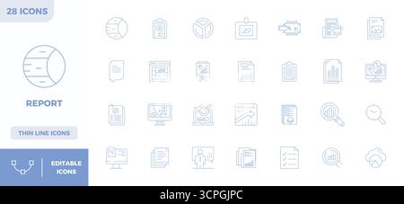 Industry-leading pack of 28 Minimal Line PIXEL perfect vector icons for Report, sized at 128x128 for optimal rendering and user interface excellence. Stock Vector
