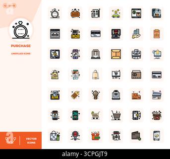 Streamlined set of 42 vector icons for Purchase in LineFilled aesthetic, featuring 128x128 PIXEL perfect resolution for seamless user experiences. Stock Vector