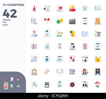 Comprehensive bundle featuring 42 vector icons in Flat design for Prescription, delivered in crisp 128x128 PIXEL perfect quality. Stock Vector