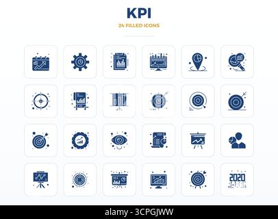 Strategic bundle featuring 24 vector icons representing Kpi in SolidFill format, optimized with 128x128 PIXEL perfect quality for professional workflo Stock Vector