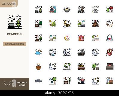 Exclusive collection of 36 Flat Lineal Color vector icons for Peaceful, developed with 128x128 PIXEL perfect resolution for premium brand experiences. Stock Vector