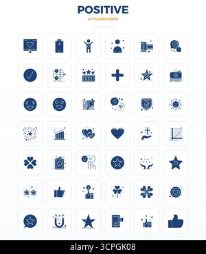 Revolutionary set of 42 PIXEL perfect vector icons inspired by Positive, created in SolidFill format at 128x128 resolution for cutting-edge design. Stock Vector