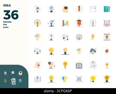 Vector pack with 36 Flat PIXEL perfect icons inspired by Idea, delivered in 128x128 resolution ideal for scalable and creative design work. Stock Vector