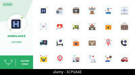 Download 24 scalable Flat vector icons designed for Ambulance, featuring PIXEL perfect 128x128 resolution suitable for professional and creative proje Stock Vector