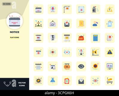 Discover a set of 36 Flat vector icons crafted for the Notice theme, featuring 128x128 PIXEL perfect designs ideal for modern UI/UX projects. Stock Vector