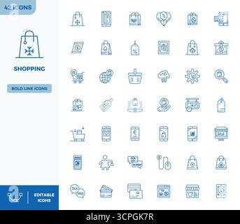 Industry-leading pack of 42 Heavy Line PIXEL perfect vector icons for Shopping, sized at 128x128 for optimal rendering and user interface excellence. Stock Vector