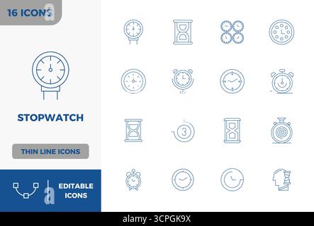 This set of 16 Minimal Line vector icons captures Stopwatch themes in 128x128 PIXEL perfect quality, perfect for tech and business applications. Stock Vector